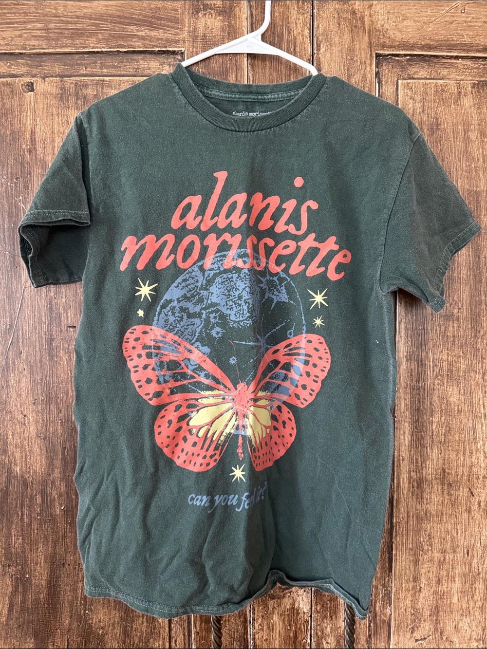 Buckle Dark Green Short Sleeve Tee with Red & Yellow Butterfly Graphic